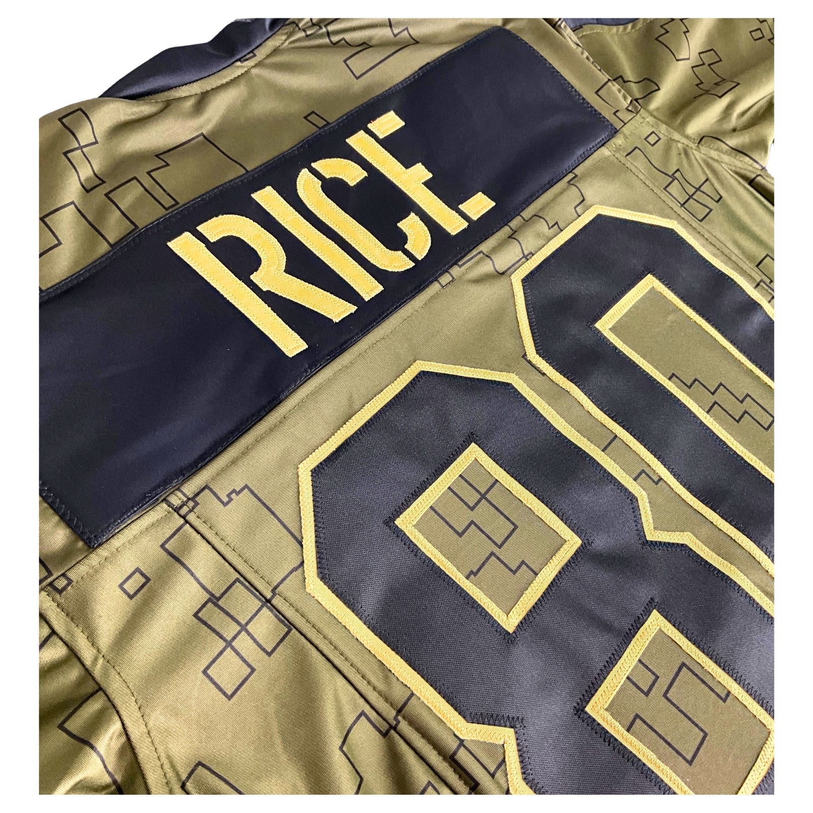 Jerry Rice Jersey Olive Military Name Plate Camouflage San Francisco | Unisex Adult Sizes S-5XL Unsigned Sewn Stitched